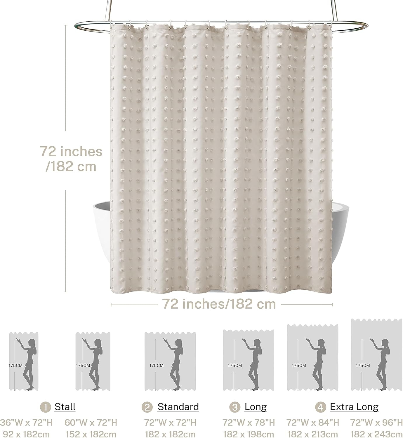 Size 72x72 Color White Boho Farmhouse Beige Shower Curtain, 72 x 72 Tufted Pleat Floral Puffs Textured Modern Farmhouse Minimalist Shower Curtain Set with Hooks for Bathroom